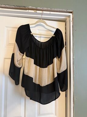 Black and Cream Colorblock Peasant Blouse